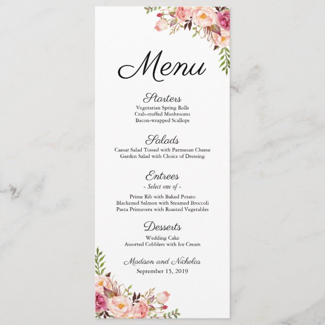 Rustic Pink Floral Wedding Menu Rack Cards (Front)