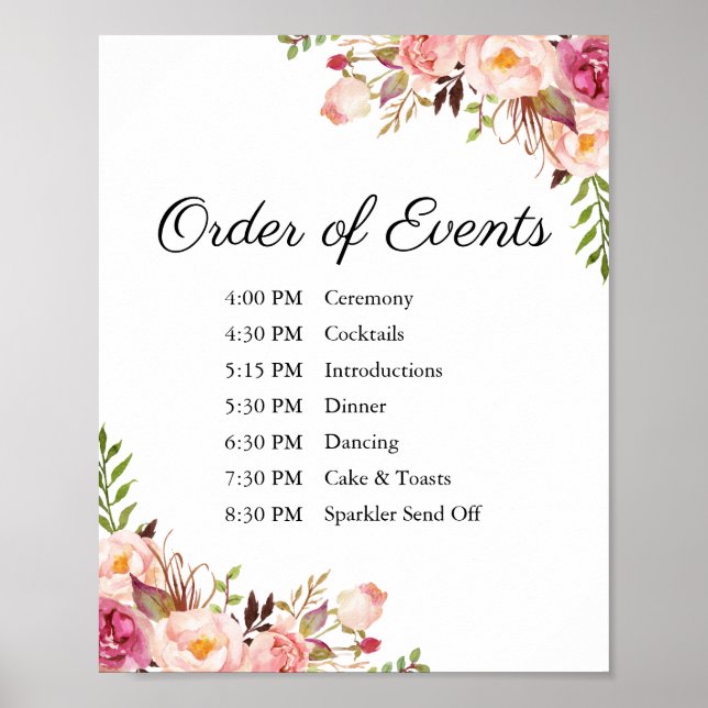 Rustic Pink Floral Wedding Order of Events Sign (Front)