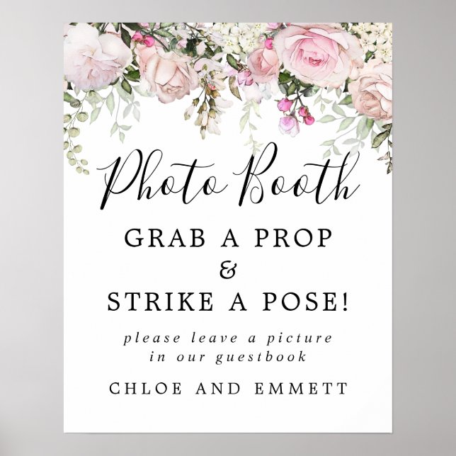 Rustic Pink Floral Wedding Photo Booth Sign (Front)