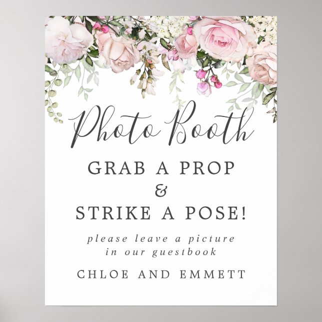 Rustic Pink Floral Wedding Photo Booth Sign (Front)
