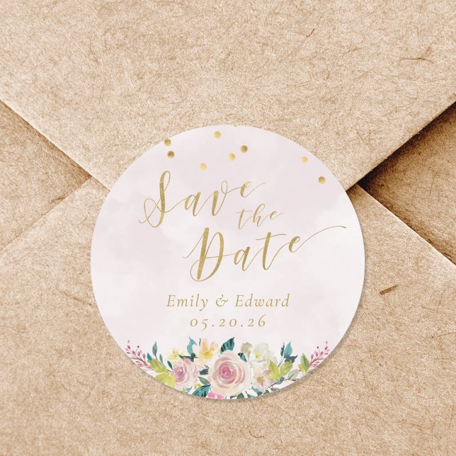 Rustic Pink Floral Wedding Save the Date Classic Round Sticker (Creator Uploaded)