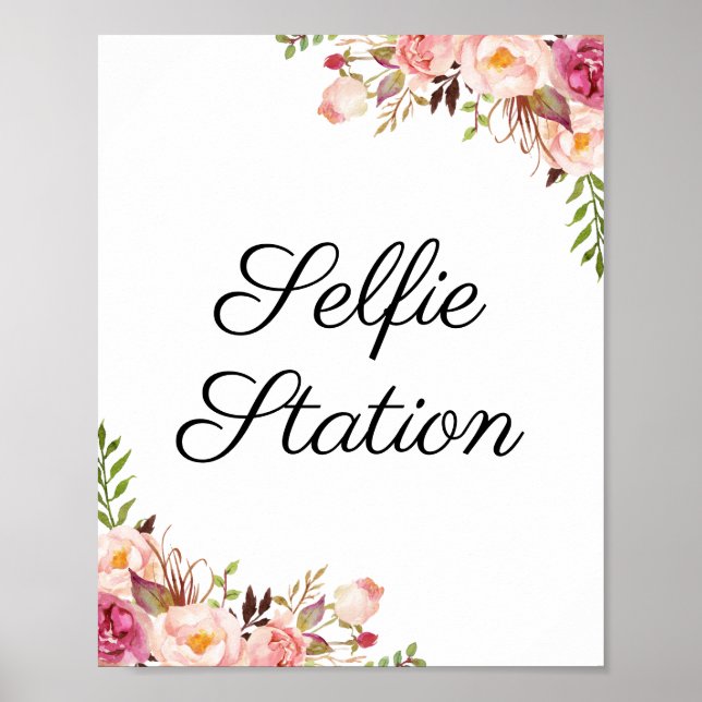 Rustic Pink Floral Wedding Selfie Station Sign (Front)