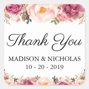 Rustic Pink Floral Wedding Square Stickers