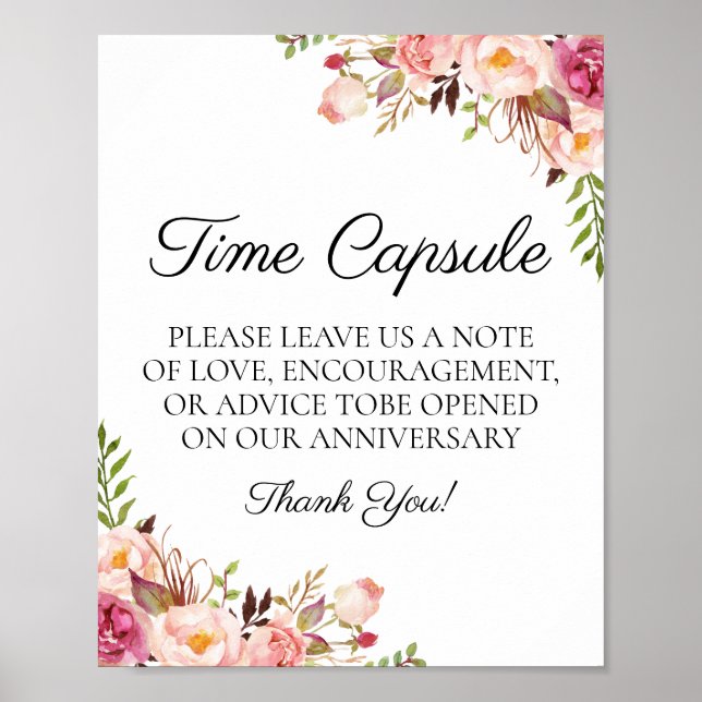 Rustic Pink Floral Wedding Time Capsule Sign (Front)