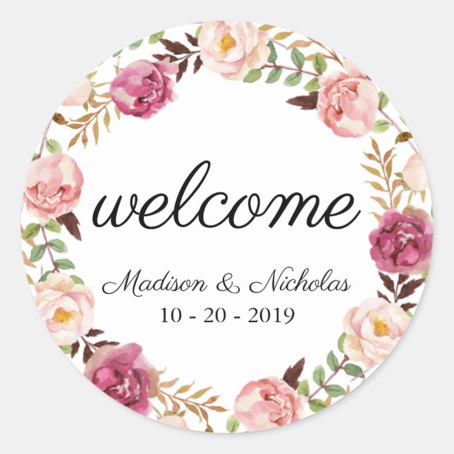 Rustic Pink Floral Wedding Welcome Stickers (Front)