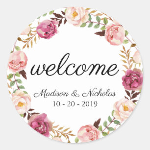 Rustic Pink Floral Wedding Welcome Stickers