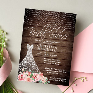Rustic Pink Floral White Gown Dress Bridal Shower Invitation
