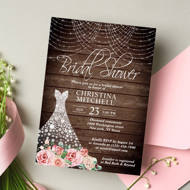 Rustic Pink Floral White Gown Dress Bridal Shower Invitation (Creator Uploaded)