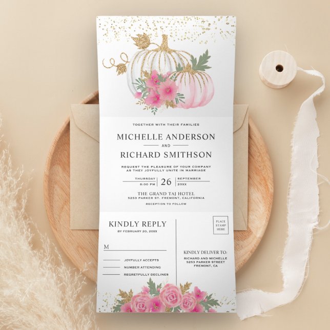 Rustic Pink Floral White Pumpkin Fall Wedding Tri-Fold Invitation (Creator Uploaded)