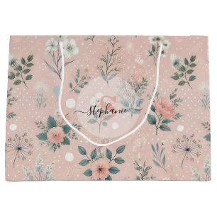 Rustic Pink Floral with White Blooms and Greenery Large Gift Bag