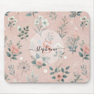 Rustic Pink Floral with White Blooms and Greenery Mouse Pad