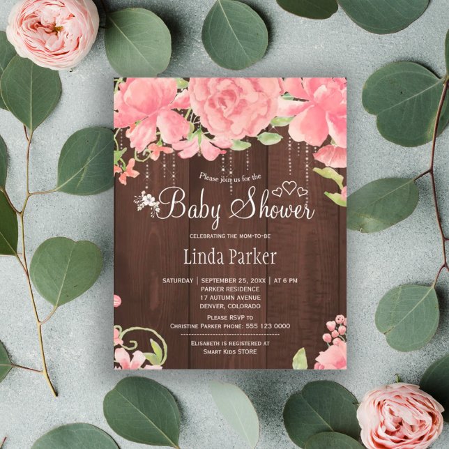 Rustic pink floral wood BUDGET baby shower invite (Creator Uploaded)