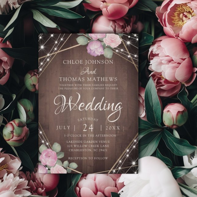 Rustic Pink Floral Wood & String Lights Wedding Invitation (Creator Uploaded)