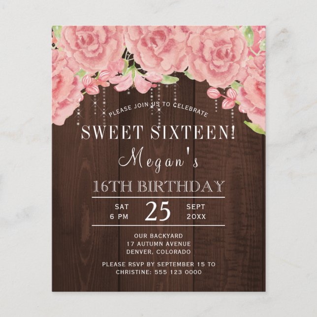 Rustic pink floral wood sweet sixteen invitation (Front)