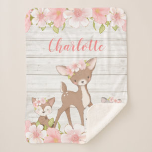 Rustic Pink Floral Woodland Animals Personalized Sherpa Blanket