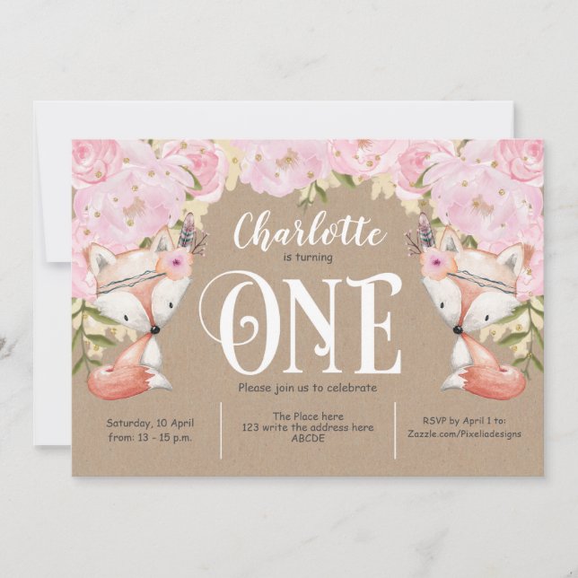 Rustic, Pink Floral, Woodland, Girl 1st Birthday Invitation (Front)