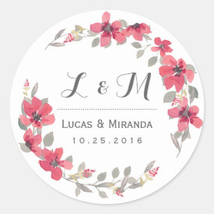 Rustic Pink Floral Wreath Monogram Wedding Sticker