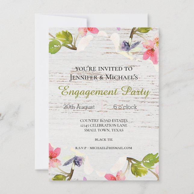 Rustic Pink Florals on White Engagement Invitation (Front)