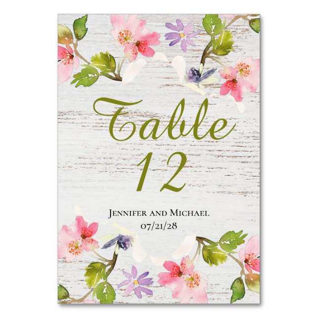 Rustic Pink Florals on White Wood Reserved Table Number (Front)