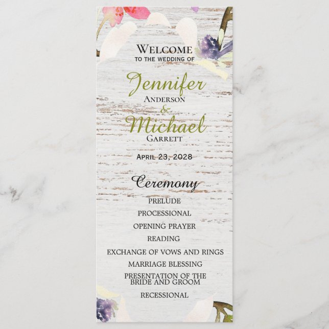 Rustic Pink Florals on White Wood Wedding Program (Front)