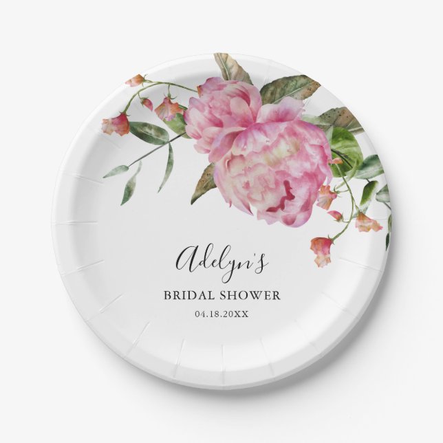Rustic Pink Flower Greenery Bridal Shower Paper Plate (Front)