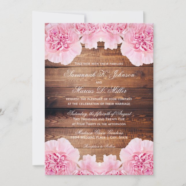 Rustic Pink Flowers Barn Wood Wedding Invites (Front)