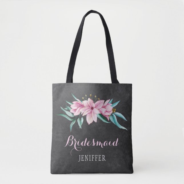 Rustic pink flowers chalkboard wedding bridesmaid tote bag (Front)
