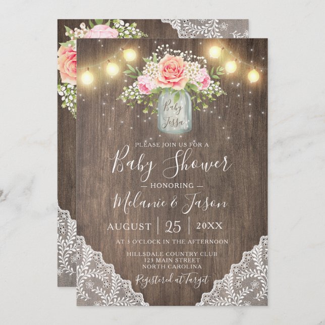 Rustic Pink Flowers Mason Jar Lace Baby Shower Invitation (Front/Back)