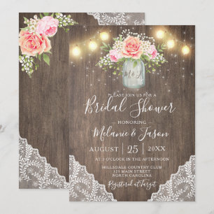 Rustic Pink Flowers Mason Jar Lace Bridal Shower Invitation