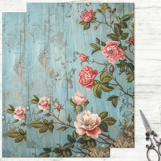 Rustic Pink Flowers on Blue Wood Wall Decoupage Tissue Paper (Creator Uploaded)