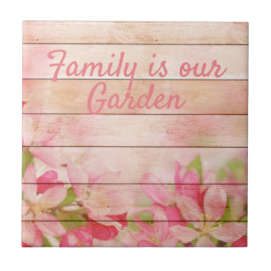 Rustic Pink Flowers on Wood Ceramic Tile