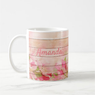 Rustic Pink Flowers on Wood Coffee Mug