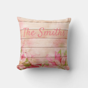 Rustic Pink Flowers on Wood Cushion