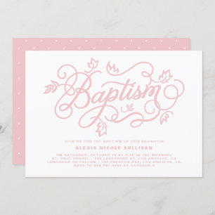 Rustic Pink Foliage Lettering Baptism Invitation