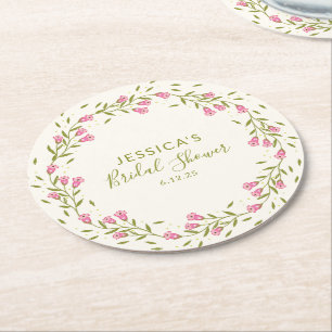 Rustic Pink Garden Flowers Custom Bridal Shower Round Paper Coaster