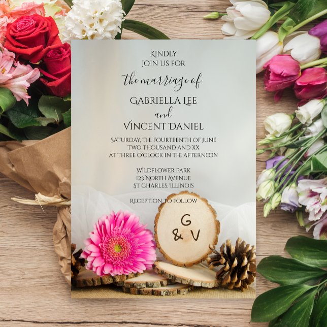 Rustic Pink Gerber Daisy Natural Woods Wedding Invitation (Creator Uploaded)