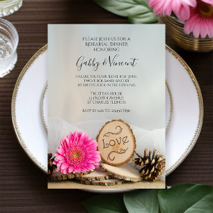 Rustic Pink Gerber Daisy Woodland Rehearsal Dinner Invitation
