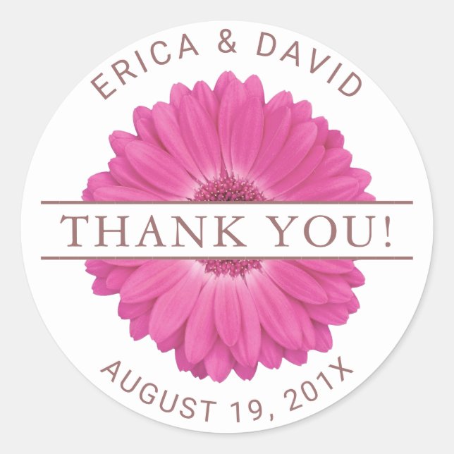 Rustic Pink Gerbera Daisy Floral Wedding Thank You Classic Round Sticker (Front)