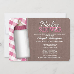 Rustic Pink Gingham Baby Bottle Baby Shower Invite
