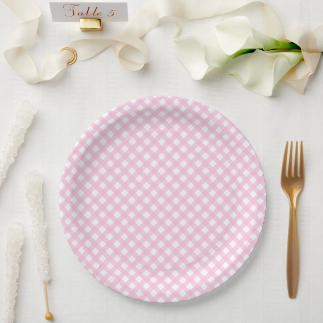 Rustic, Pink Gingham Pattern Paper Plates (Wedding)