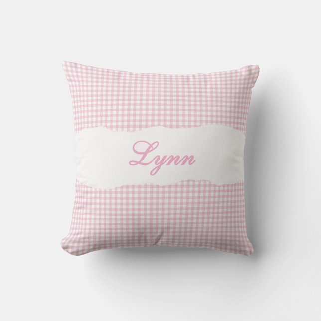 Rustic Pink Gingham Personalized Name Cushion (Front)