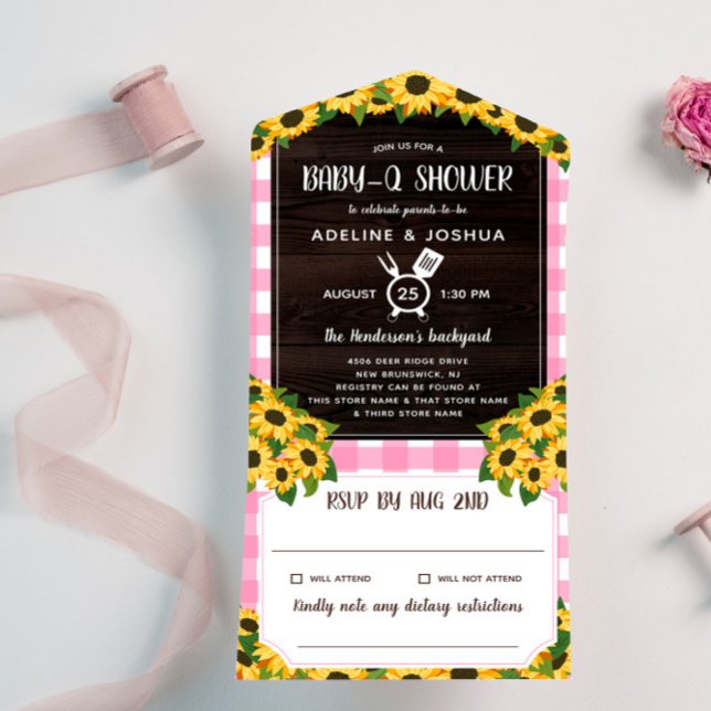 Rustic Pink Gingham Sunflowers Baby-Q Shower All In One Invitation (Creator Uploaded)