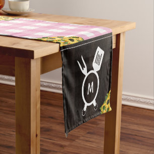Rustic Pink Gingham Sunflowers BBQ Monogram Short Table Runner