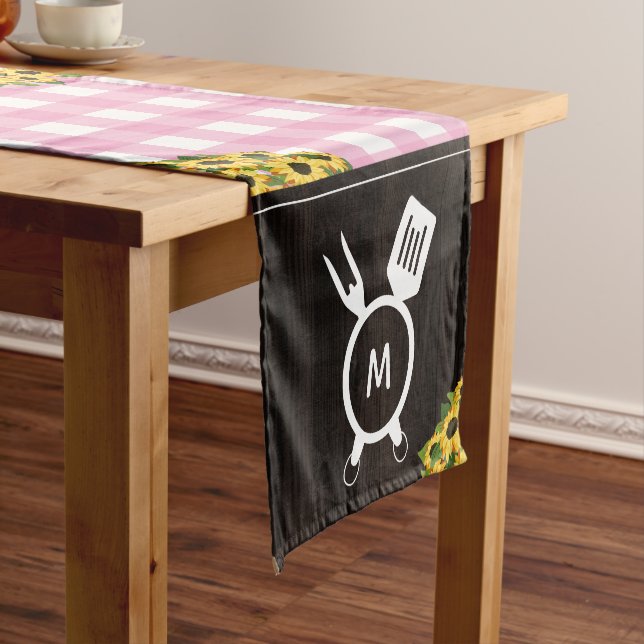 Rustic Pink Gingham Sunflowers BBQ Monogram Short Table Runner (In Situ)