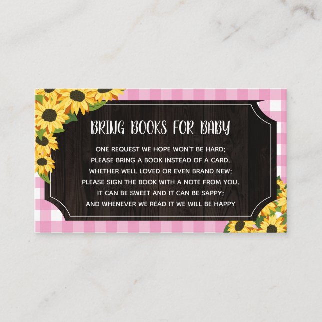 Rustic Pink Gingham & Sunflowers Books For Baby Enclosure Card (Front)
