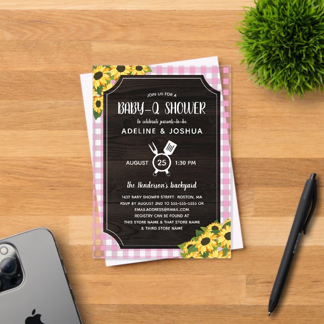 Rustic Pink Gingham Sunflowers Girl Baby-Q Shower Acrylic Invitations (Insitu (Invitation Card))