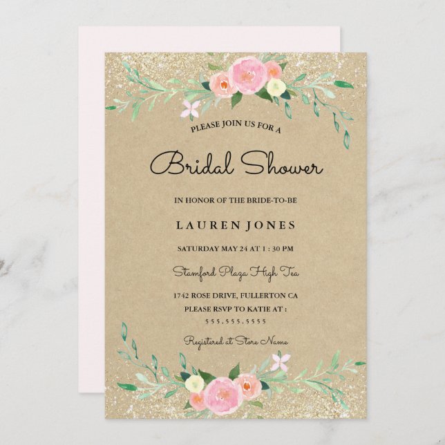 Rustic Pink Glitter Floral Bridal Shower Card (Front/Back)