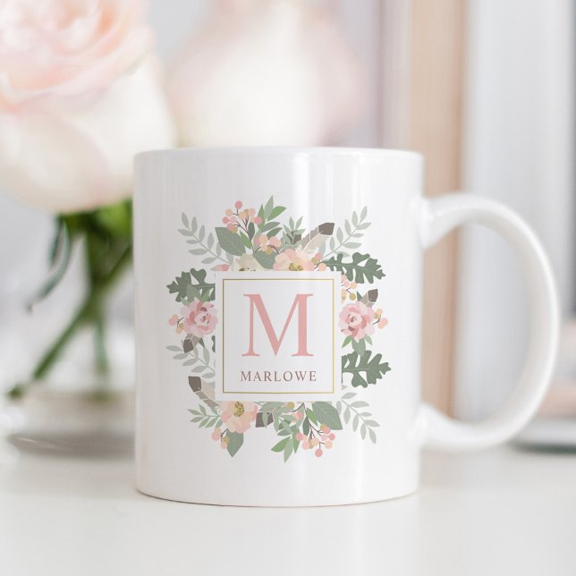 Rustic Pink Gold Floral Boho Custom Monogram Coffee Mug (Creator Uploaded)