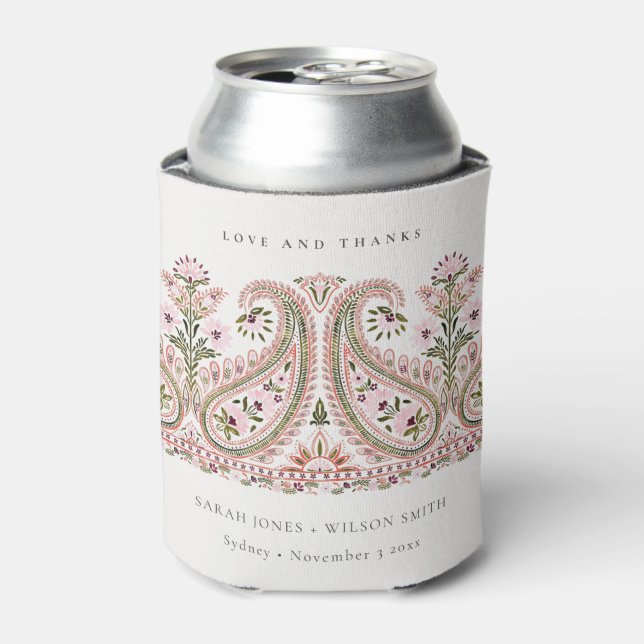 Rustic Pink Green Floral Paisley Motif Wedding Can Cooler (Can Front)