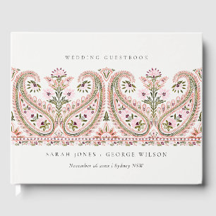 Rustic Pink Green Floral Paisley Motif Wedding Guest Book